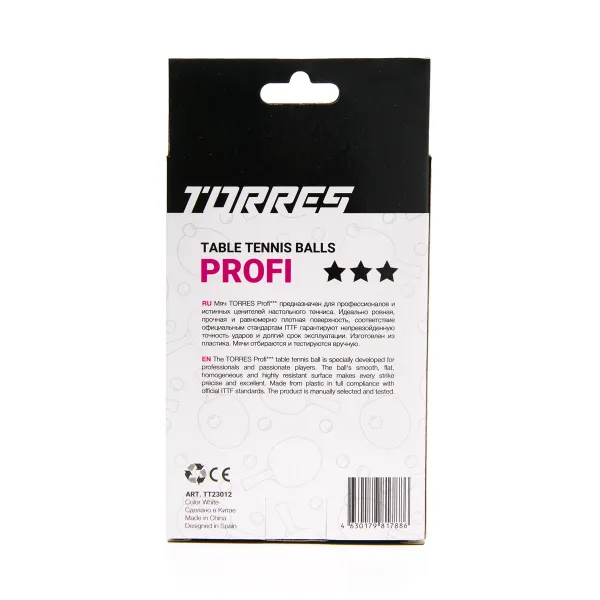 Мяч для наст. тенниса TORRES Profi 3*, TT23012, диам. 40+мм, упак. 6 шт, белый за 338.30 ₽ в Кургане