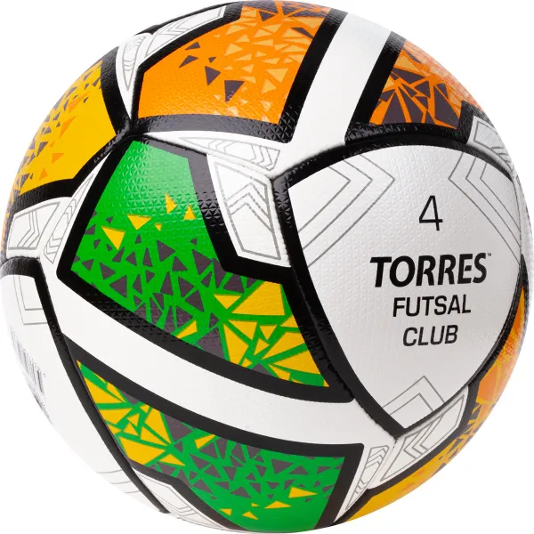 Мяч футзал. TORRES Futsal Club, FS323764, р.4, 10 пан. ПУ, 4 под. сл, гибрид. сш. бело-зел-оранж за 2&nbsp;264.40 ₽ в Кургане